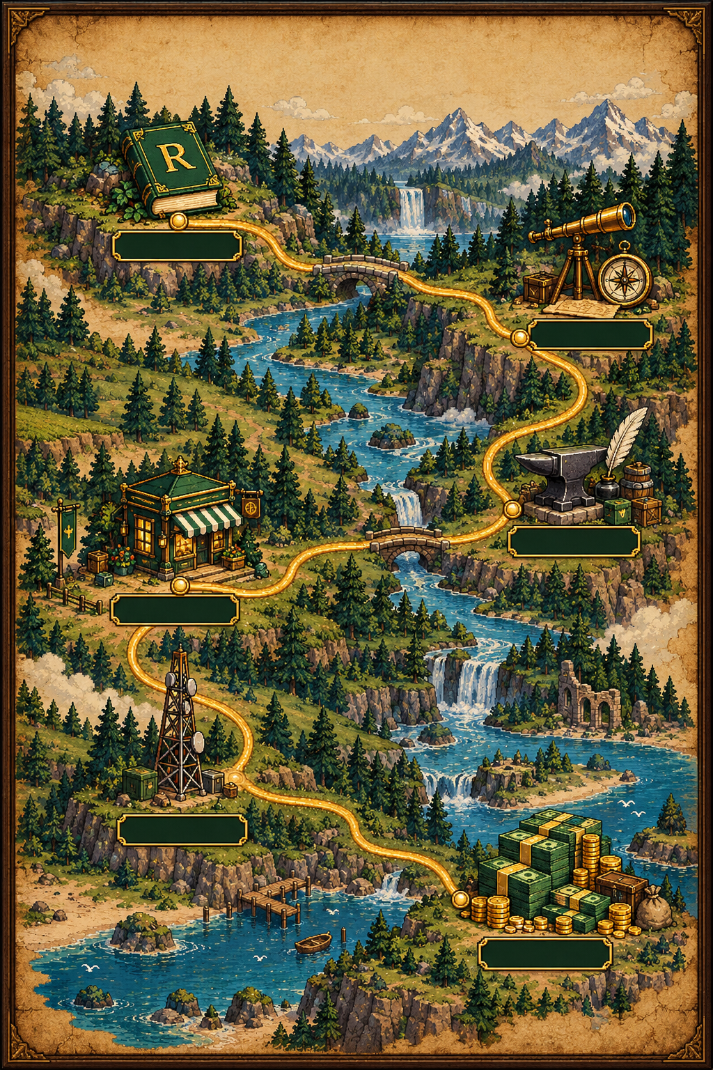 Framed adventure map: start with the Rogue Operator Kit, follow Recon, Forge, Outpost and Deploy, and finish at a symbolic money stack.